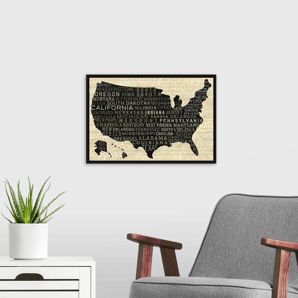 A modern room featuring Big illustration displays a silhouette of the United States with Alaska and Hawaii included in th...