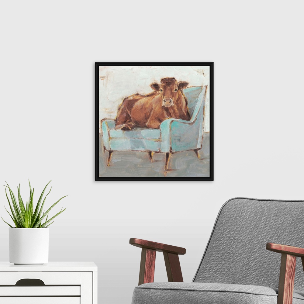 A modern room featuring A whimsical composition of a large brown cow lying comfortably on a pale blue armchair. With it's...