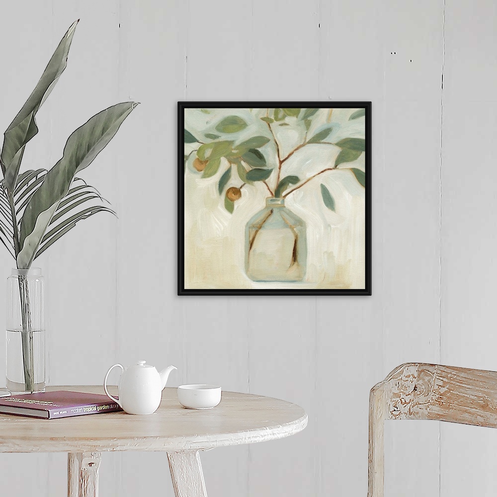 A farmhouse room featuring A simple still life of leafy branches in a clear glass jar, painted in a chunky abstracted style ...