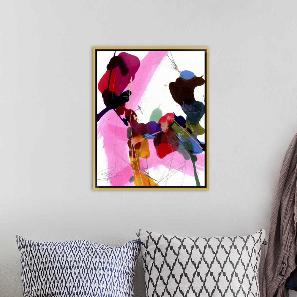 A bohemian room featuring Contemporary abstract painting with a mix of bright pink, red, yellow, and blue, over white with ...