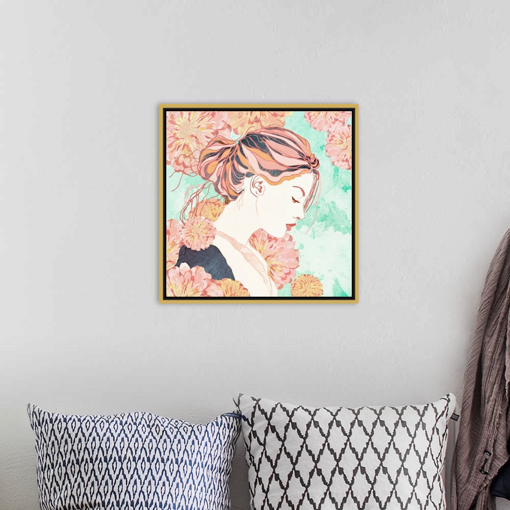 A bohemian room featuring Abstract depiction of a day dream with flowers, pink, mint and female.