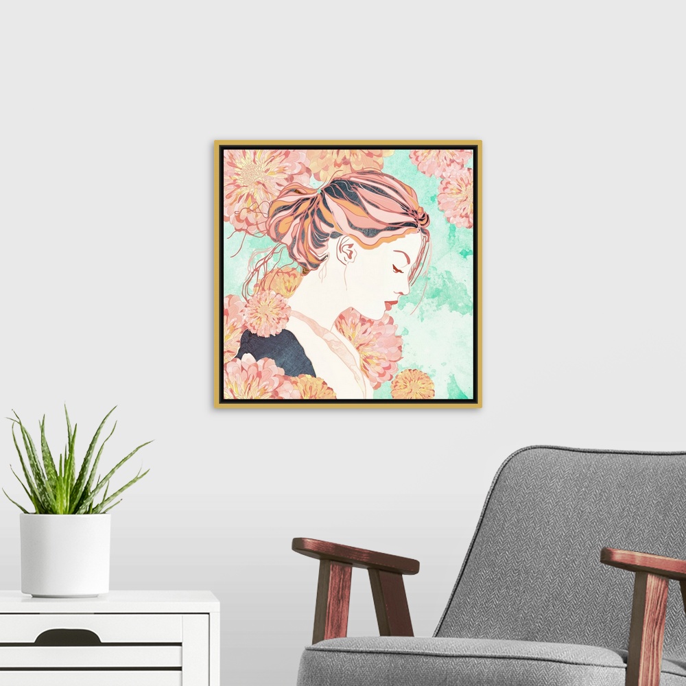 A modern room featuring Abstract depiction of a day dream with flowers, pink, mint and female.