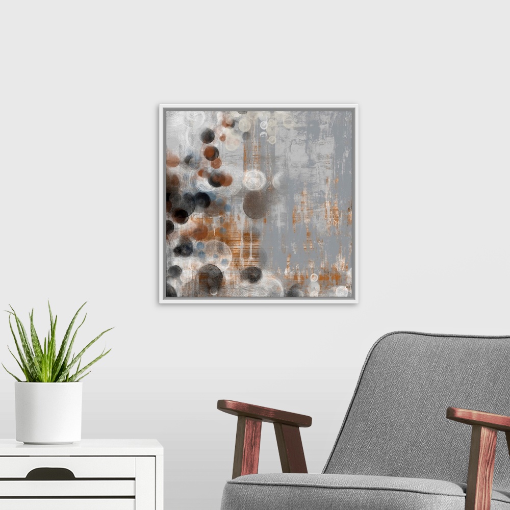 A modern room featuring Abstract artwork of washed out colors and circle shapes.