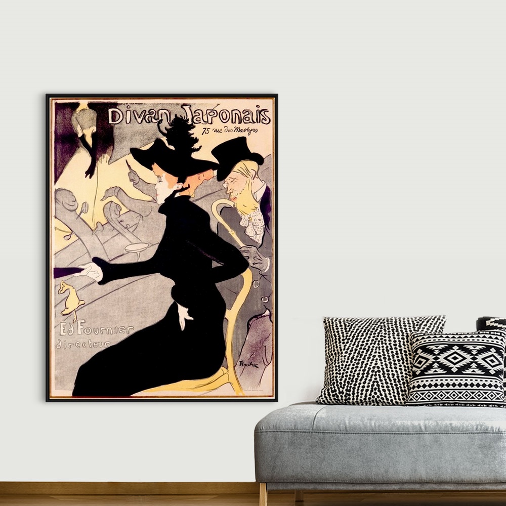 A bohemian room featuring Big canvas print of an antiqued poster with a painting of a woman and man sitting on a balcony.