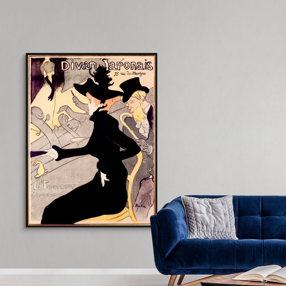 A modern room featuring Big canvas print of an antiqued poster with a painting of a woman and man sitting on a balcony.