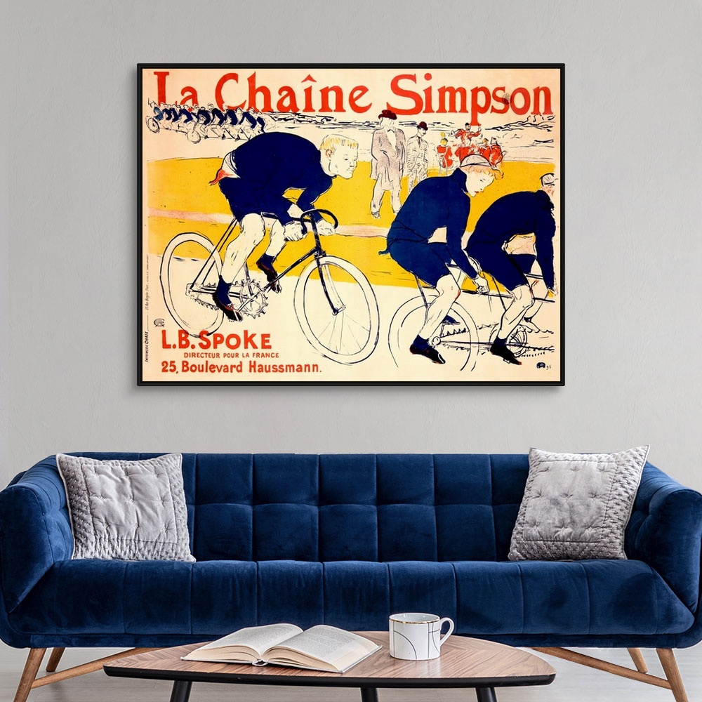 A modern room featuring Antique advertising poster of cyclists racing by with bystanders in the background.