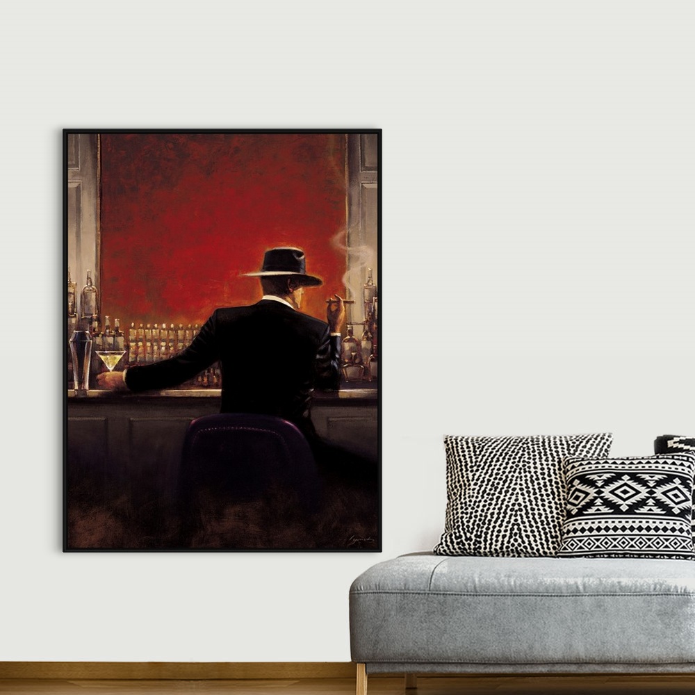 A bohemian room featuring Contemporary painting of a man in a suit sitting at a bar with a vibrant red wall, with a cigar i...