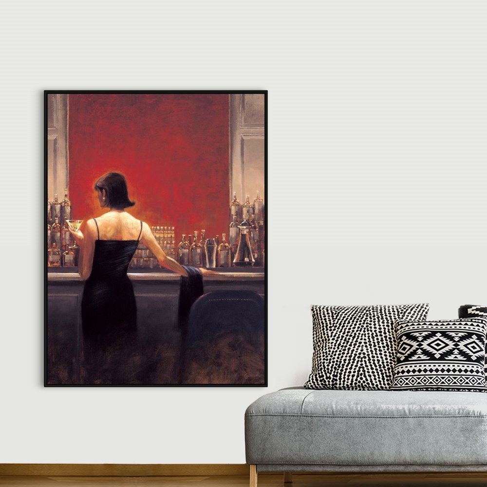 A bohemian room featuring Contemporary painting of a woman in a black dress standing at a bar with a vibrant red wall, with...