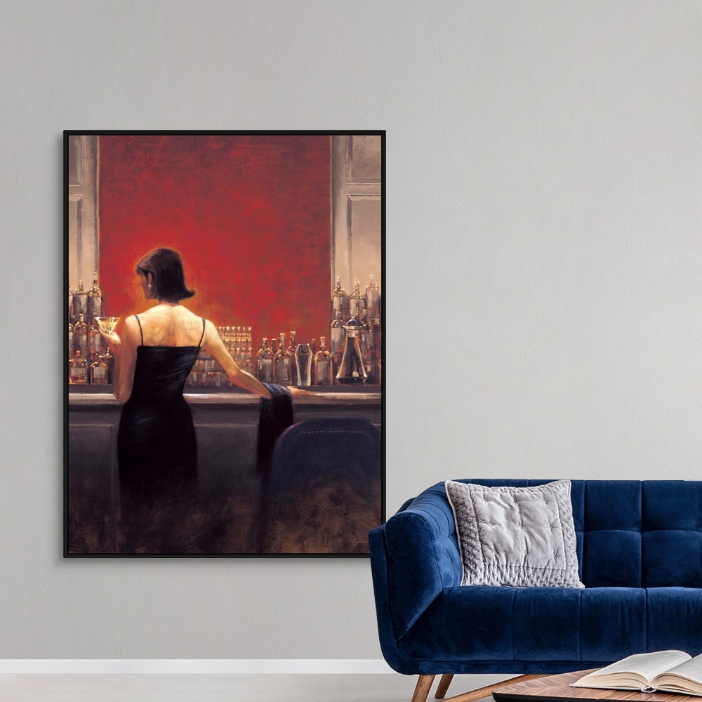 A modern room featuring Contemporary painting of a woman in a black dress standing at a bar with a vibrant red wall, with...