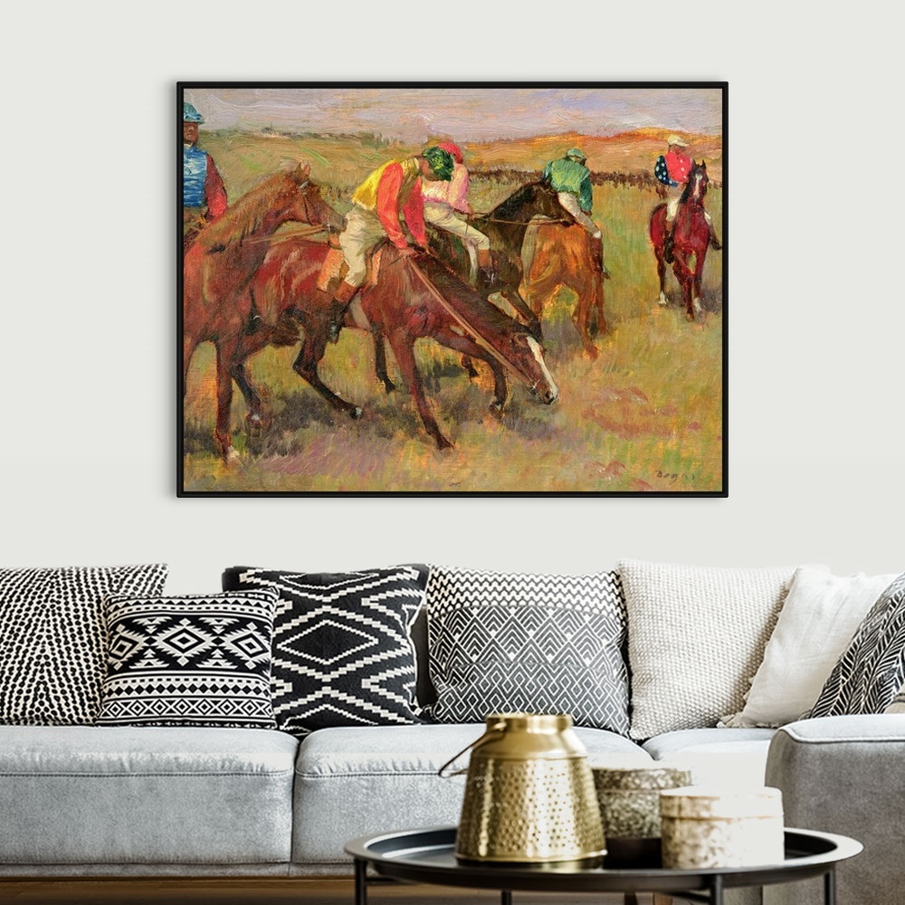 A bohemian room featuring Classic art parting of jockey's on horses eating grass before a race.