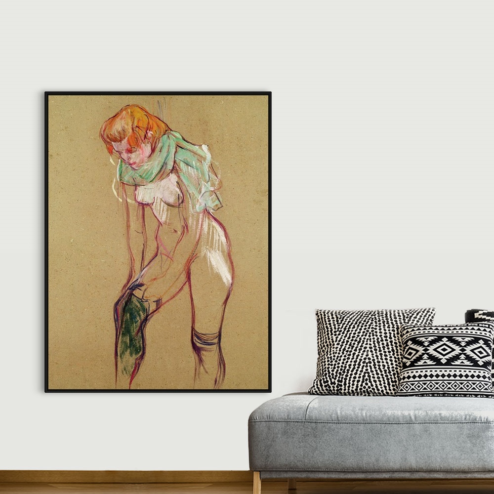 A bohemian room featuring Vertical illustration of a partially nude woman pulling up her stocking, her shirt draped around ...