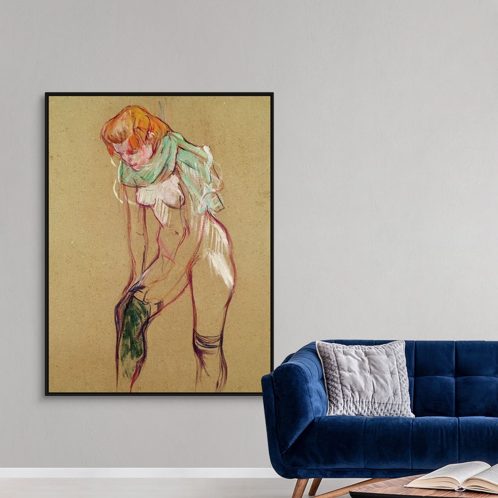 A modern room featuring Vertical illustration of a partially nude woman pulling up her stocking, her shirt draped around ...