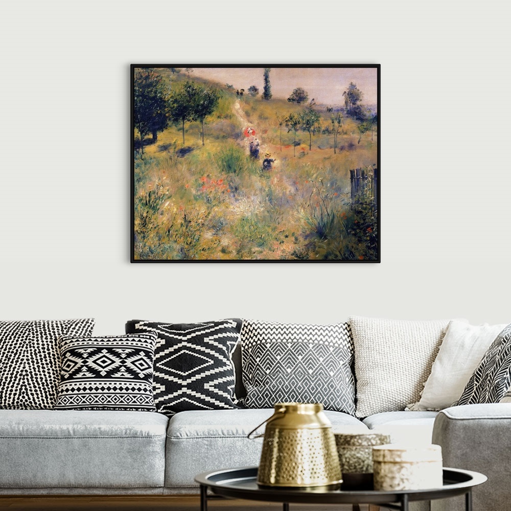 A bohemian room featuring Painting of people walking through a grassy meadow on a narrow dirt road.