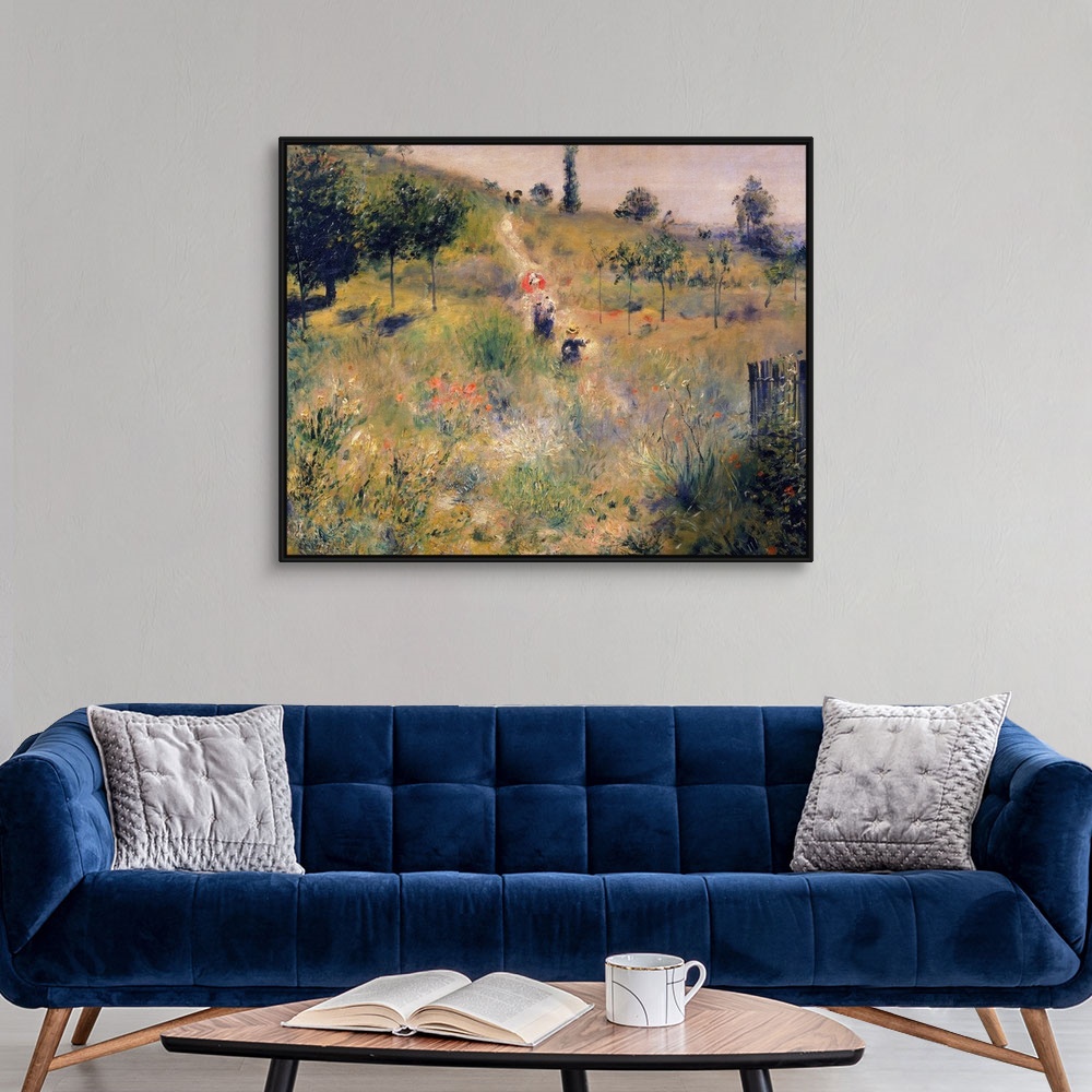 A modern room featuring Painting of people walking through a grassy meadow on a narrow dirt road.