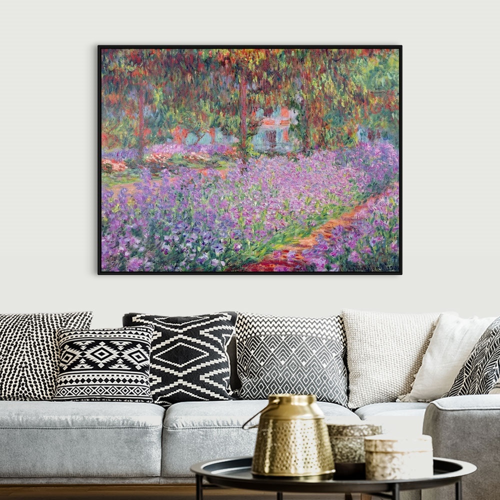 A bohemian room featuring Giant classic art painting showcasing a beautiful garden filled with flowers and surrounding trees.