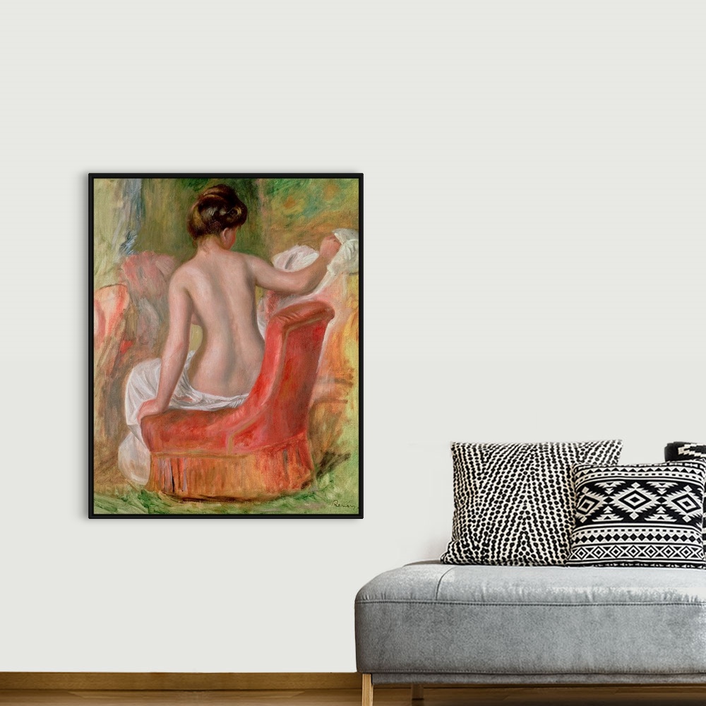 A bohemian room featuring Vertical, classic painting of  the back of a woman, nude from the waist up, sitting on a chair.