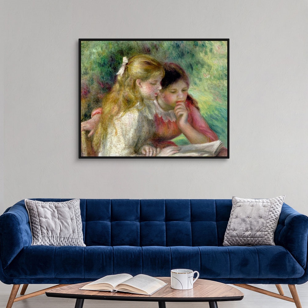 A modern room featuring Giant classic art portrays a couple well-dressed young girls studying a book.  Artist places the ...