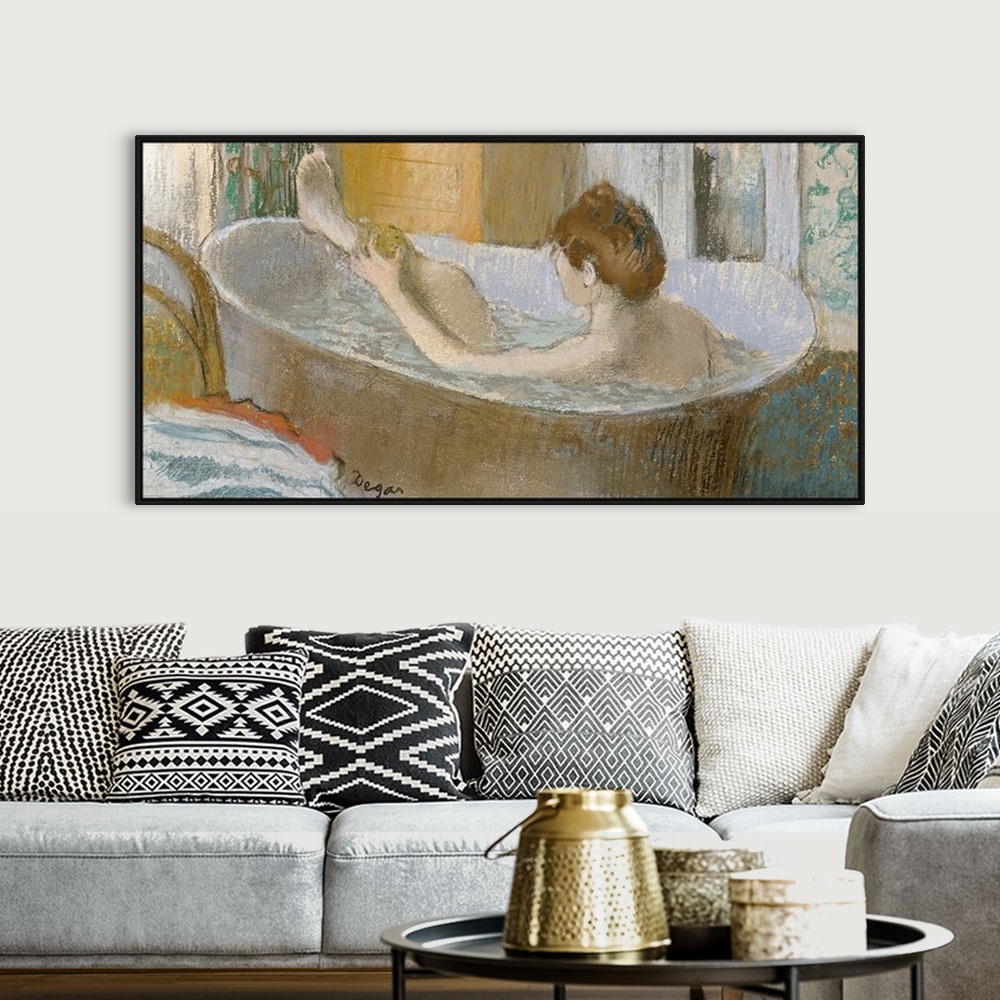 A bohemian room featuring Panoramic classic art focuses on a lady bathing herself in a large tub within her house.  Her clo...