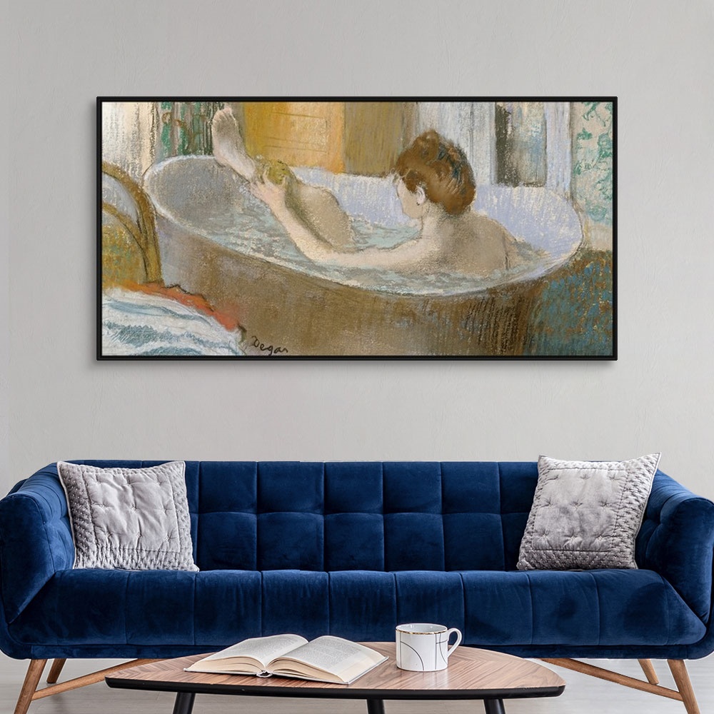 A modern room featuring Panoramic classic art focuses on a lady bathing herself in a large tub within her house.  Her clo...