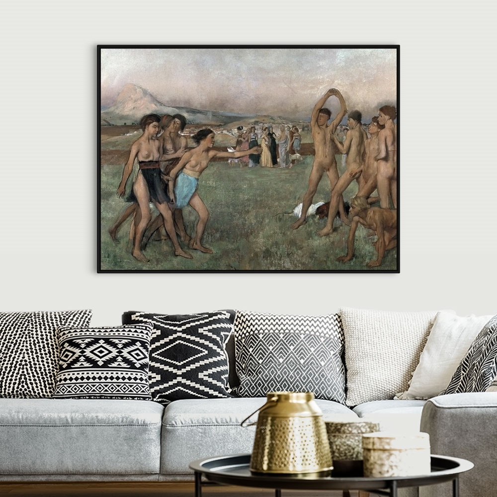 A bohemian room featuring Horizontal classic art painting of groups of Spartans in the nude, exercising in a large field, w...