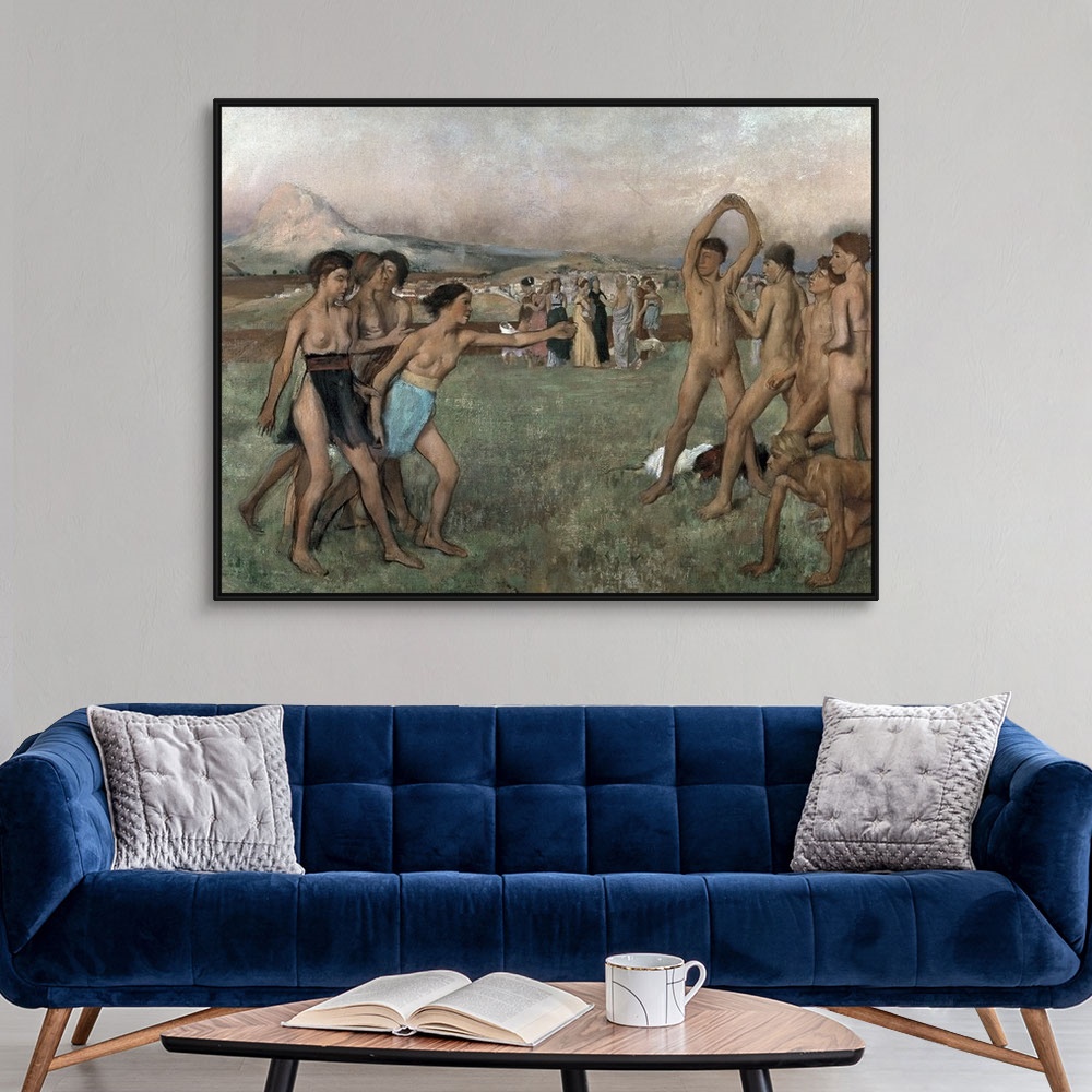 A modern room featuring Horizontal classic art painting of groups of Spartans in the nude, exercising in a large field, w...