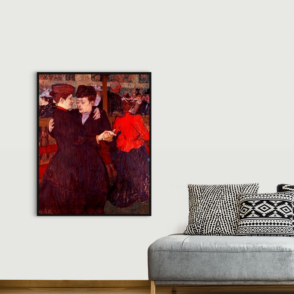 A bohemian room featuring Oil painting of a couple dancing with a balcony of people in the background.
