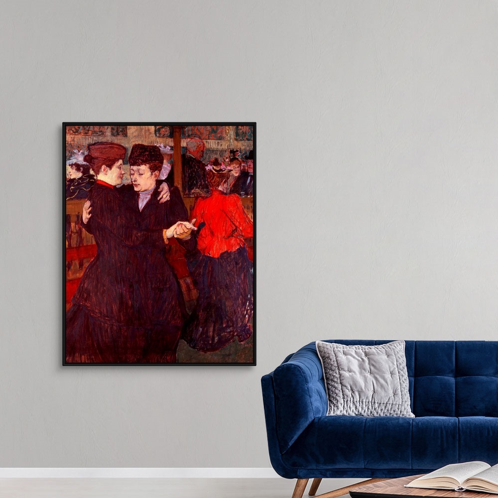 A modern room featuring Oil painting of a couple dancing with a balcony of people in the background.