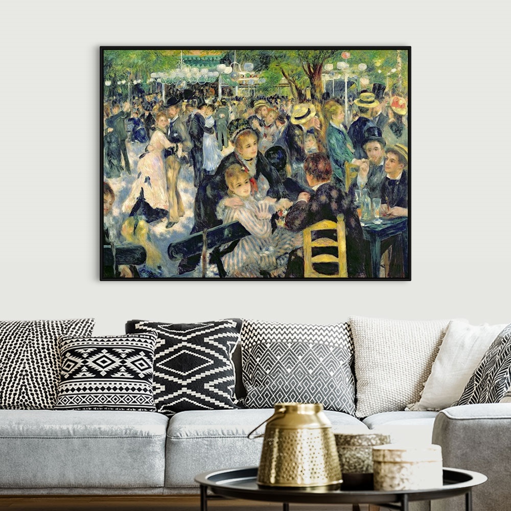 A bohemian room featuring Big classic art depicts a large group of well dressed individuals dancing and relaxing in a park ...