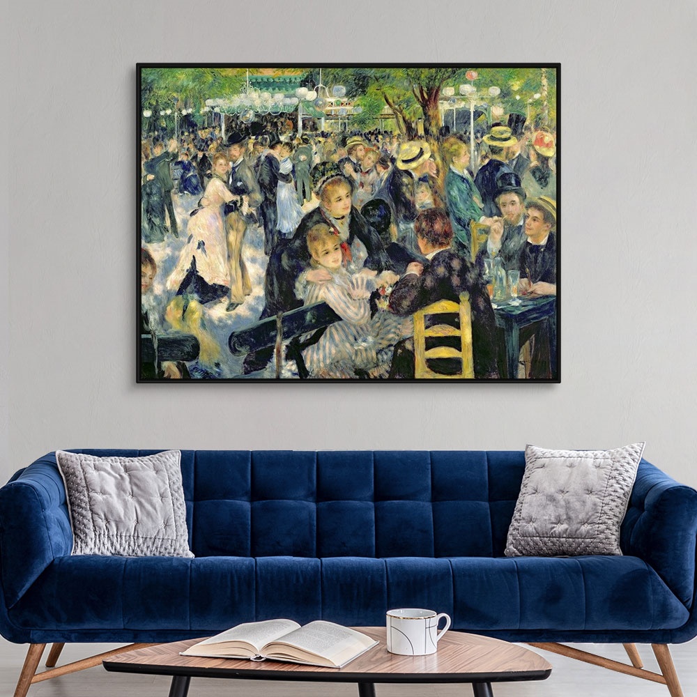 A modern room featuring Big classic art depicts a large group of well dressed individuals dancing and relaxing in a park ...