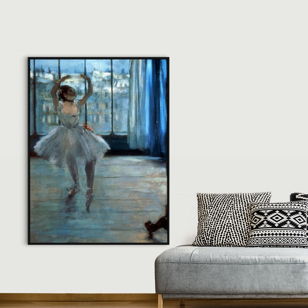 A bohemian room featuring Painting by Edgar Degas of a single ballerina practicing by a window.