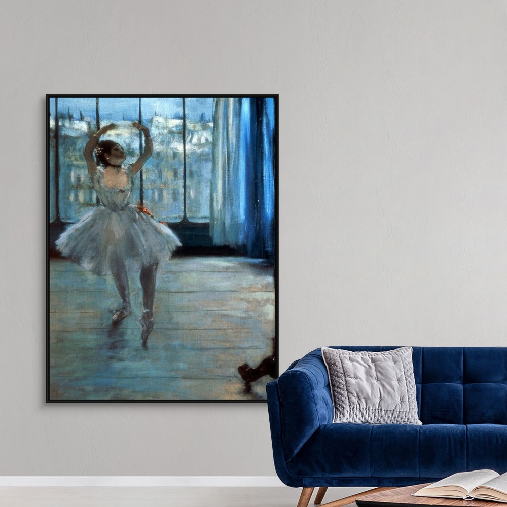 A modern room featuring Painting by Edgar Degas of a single ballerina practicing by a window.