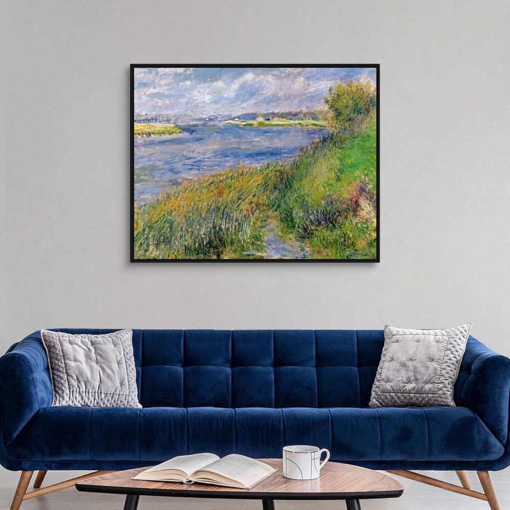 A modern room featuring Big, classic art, landscape painting of the banks of the Seine River, surrounded by long green gr...