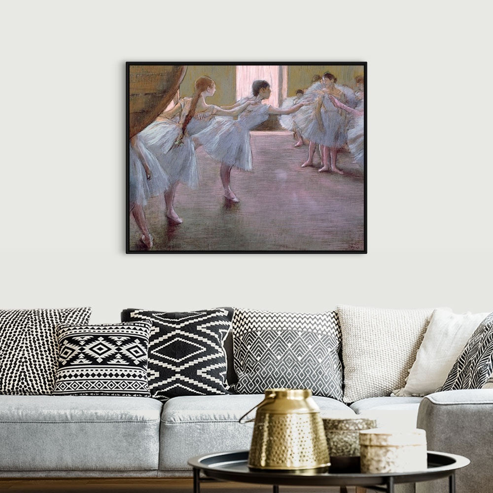 A bohemian room featuring Landscape classic painting on a big canvas of a large group of ballet dancers as they practice to...