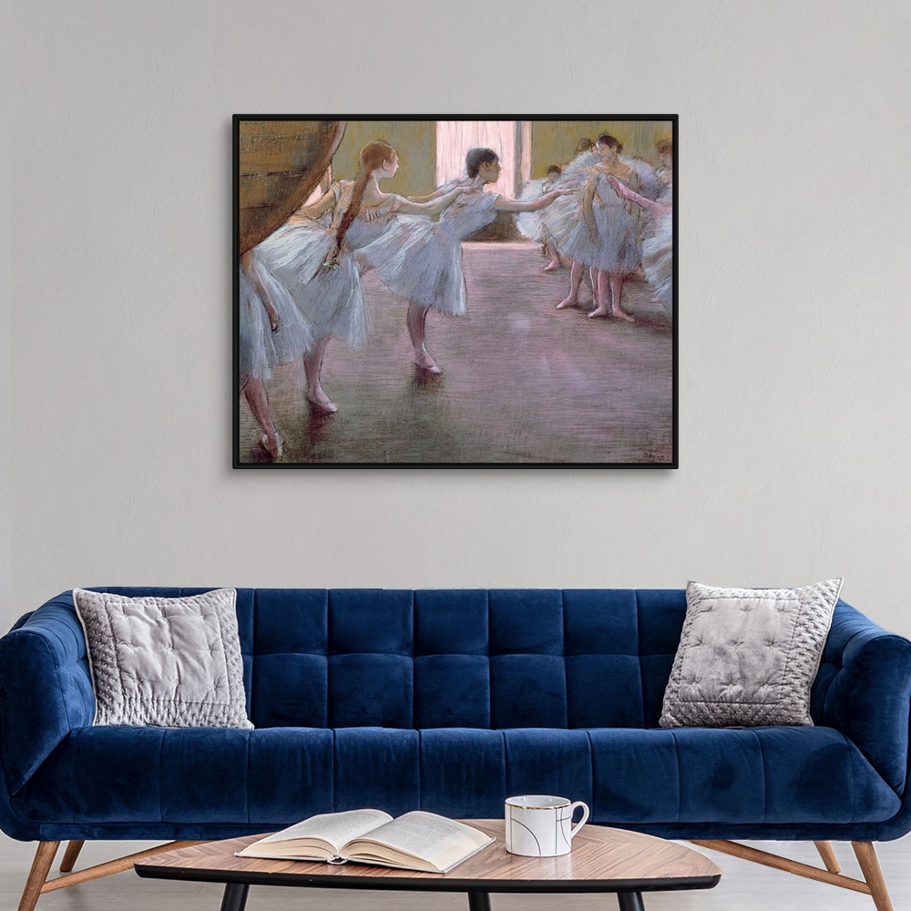 A modern room featuring Landscape classic painting on a big canvas of a large group of ballet dancers as they practice to...