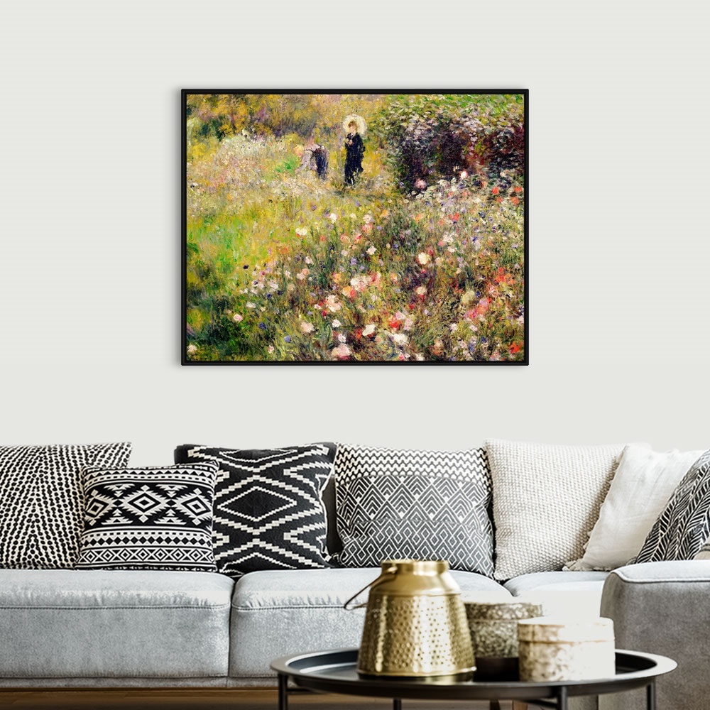 A bohemian room featuring Classic oil painting of woman with umbrella and man dressed in overalls walking through a meadow ...
