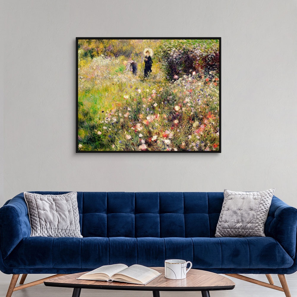 A modern room featuring Classic oil painting of woman with umbrella and man dressed in overalls walking through a meadow ...