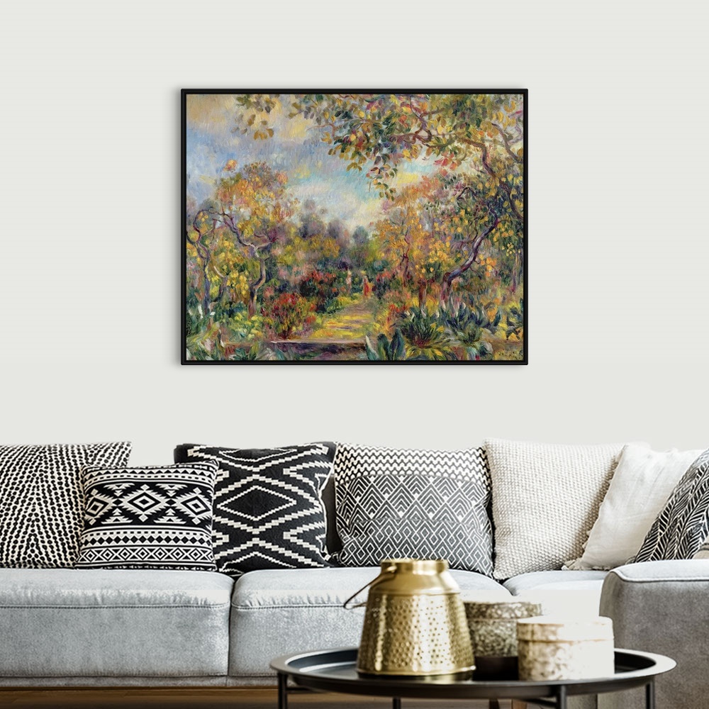 A bohemian room featuring Oil painting of colorful forest on a sunny day.  There is a path grass covered path the leaves ha...