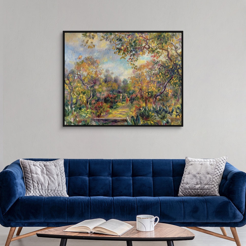 A modern room featuring Oil painting of colorful forest on a sunny day.  There is a path grass covered path the leaves ha...