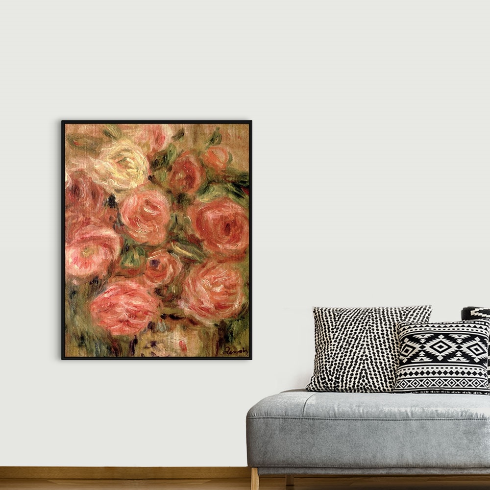 A bohemian room featuring Classical painting of various colored flowers on a grungy earth toned background.