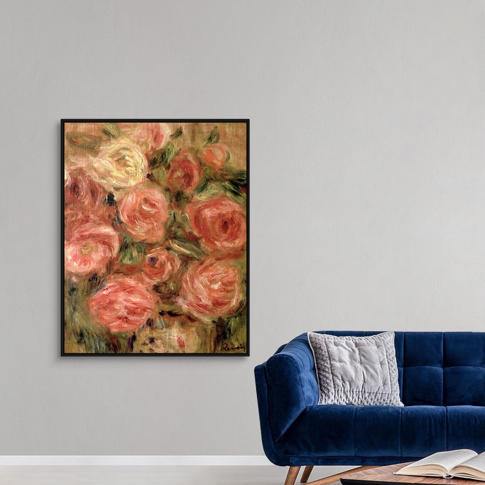 A modern room featuring Classical painting of various colored flowers on a grungy earth toned background.
