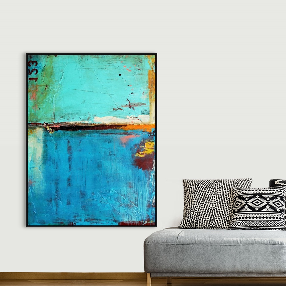 A bohemian room featuring A contemporary abstract painting of grungy paint textures and numbers.