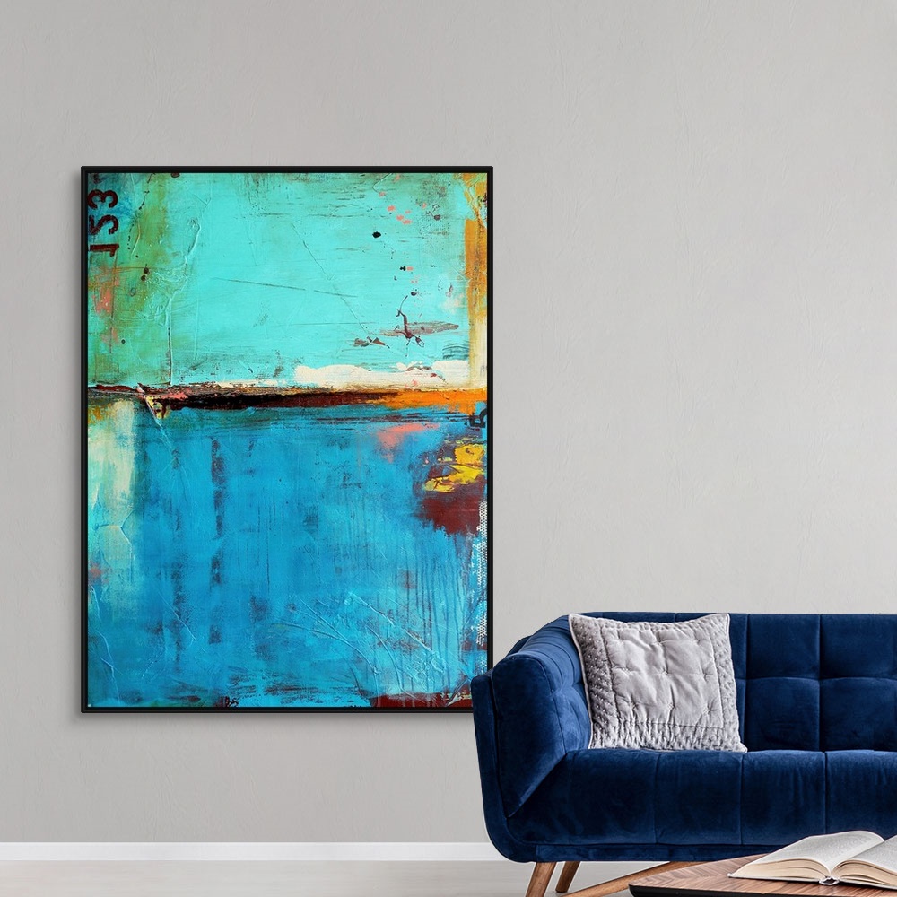 A modern room featuring A contemporary abstract painting of grungy paint textures and numbers.