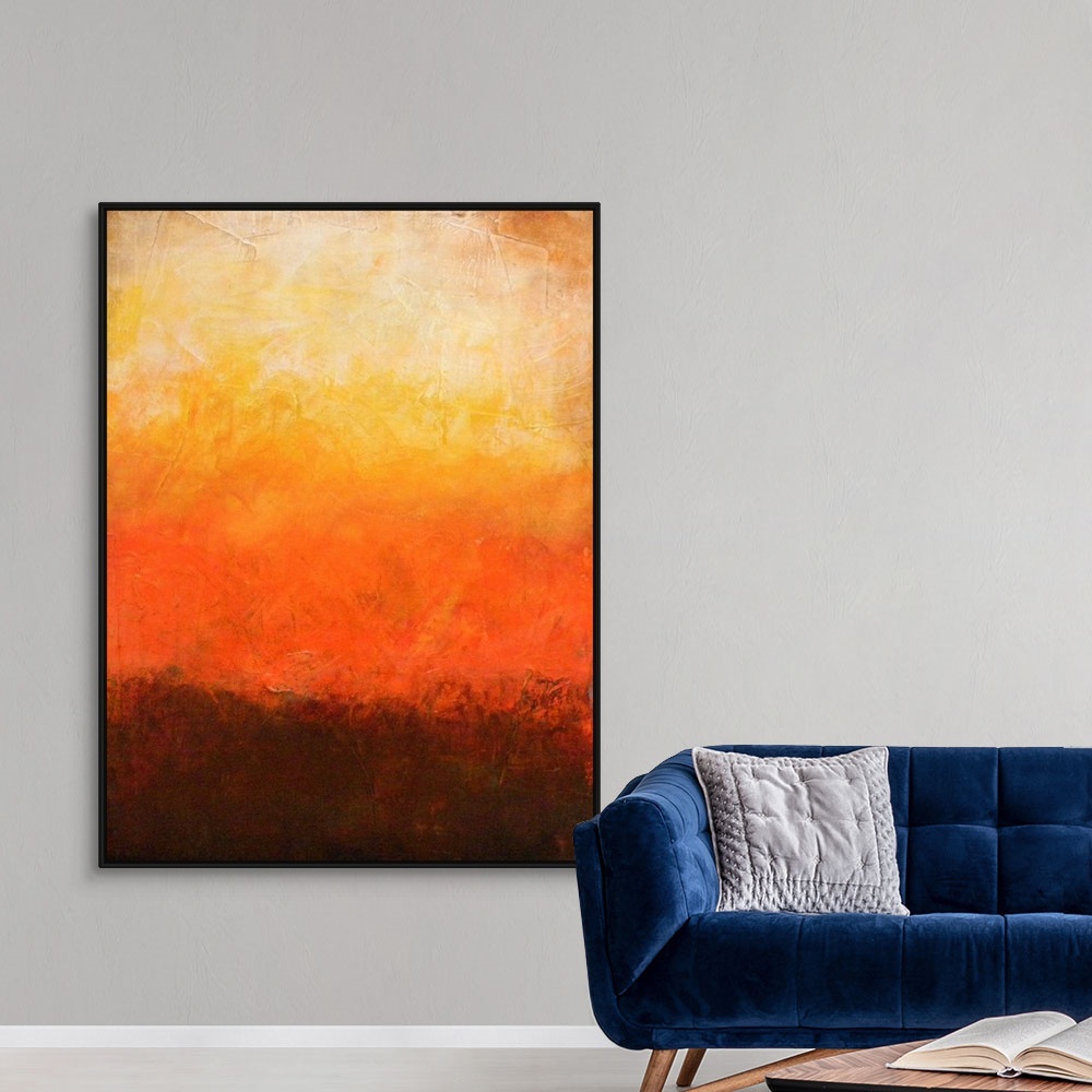 A modern room featuring Vertical, abstract artwork created with different shades of color and textures suggesting a brill...