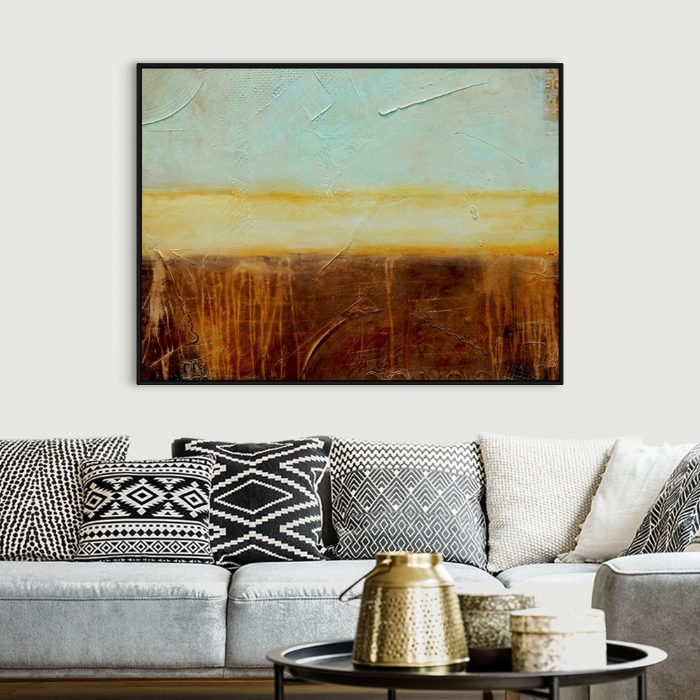 A bohemian room featuring Horizontal abstract painting that is a stack of colors and paint textures.