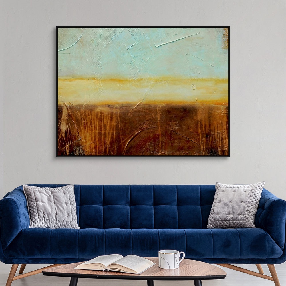 A modern room featuring Horizontal abstract painting that is a stack of colors and paint textures.