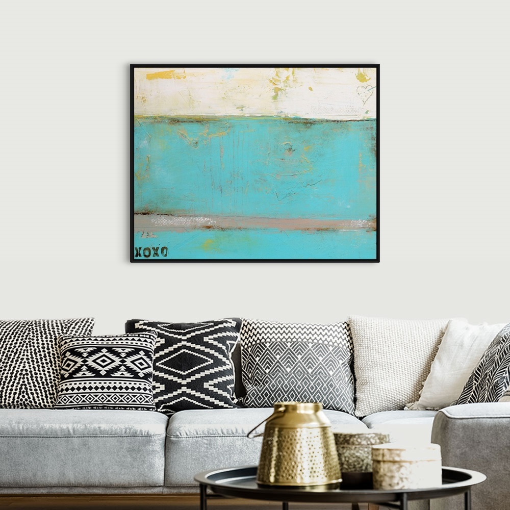 A bohemian room featuring This abstract painting is filled with distressed textures and two romantic details: the letters o...