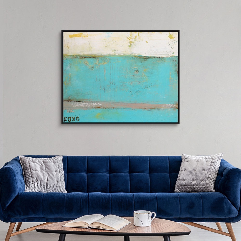 A modern room featuring This abstract painting is filled with distressed textures and two romantic details: the letters o...