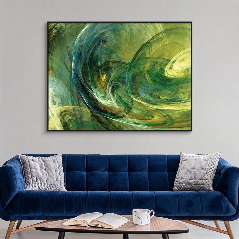 A modern room featuring Swirling fractal patterns overlap in an abstract horizontal artwork.