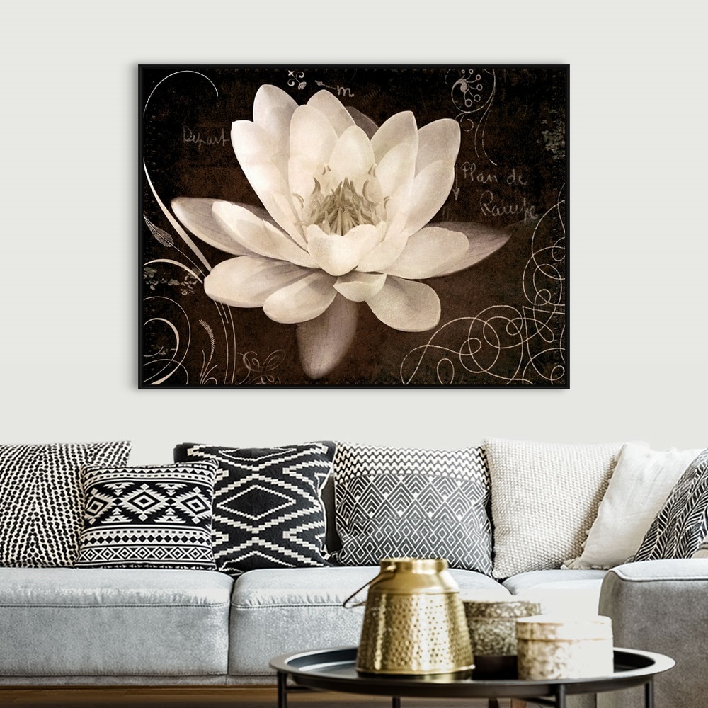 A bohemian room featuring Giant canvas art includes a close-up of a flower surrounded by a number of curved accent lines an...