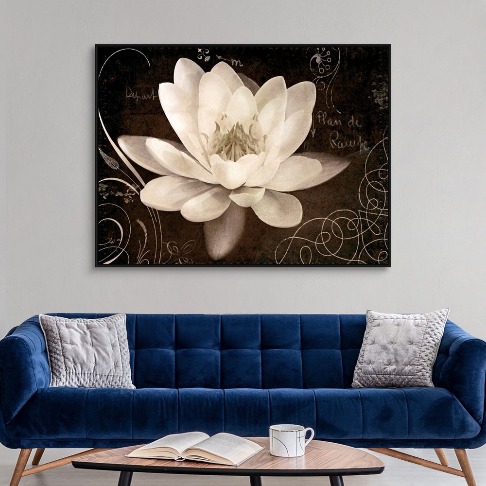 A modern room featuring Giant canvas art includes a close-up of a flower surrounded by a number of curved accent lines an...
